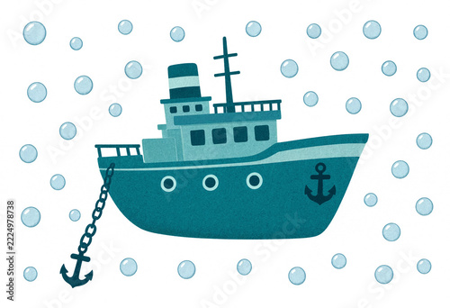 Blue ship floats calmly in gentle, bubbly water