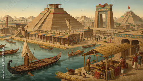 An ancient civilization with pyramids, river boats, and a bustling marketplace scene.
