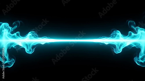 Bright Turquoise Energy Beam Stretches Horizontally Between Two Clouds of Vapor with a Vertical Lightning Strike