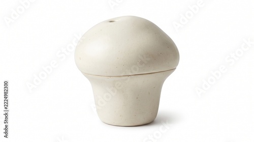 Minimalist white ceramic salt shaker, handmade pottery mushroom shaped container, modern organic porcelain seasoning dispenser isolated on white