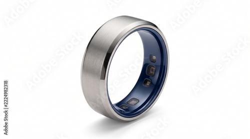 Metallic smart ring on white background, titanium wearable health tracker ring, sleek electronic biometric sensor ring for fitness tracking