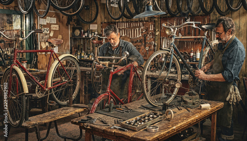 Two skilled craftsmen repair vintage bicycles inside a rustic, cluttered wooden workshop.