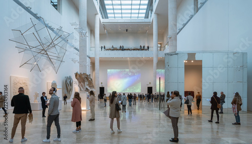 Visitors explore a spacious modern art museum with large sculptures and installations.