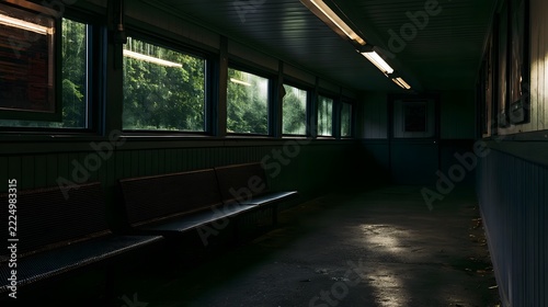 A quiet  dimly lit train station platform with wooden benches and overlooking a forested area