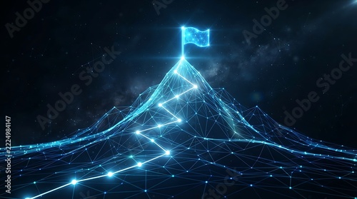 Glowing digital mountain peak with a flag at the summit representing success and ambition