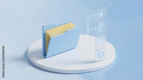 3D rendered blue file folder with digital interface menu on circular platform background data management rendering