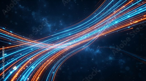 Abstract glowing data streams and fiber optic cables transmitting digital information through cyberspace with high speed