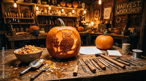Halloween Pumpkin Carving Setup on a Rustic Workbench
