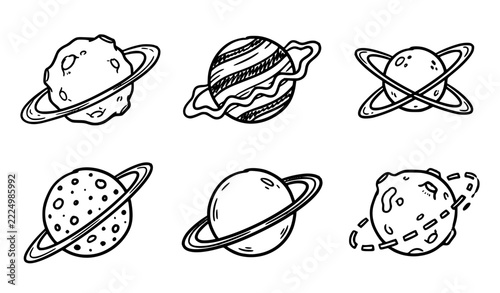 Hand Drawn Planet with Rings Doodle Outline Vector Icon Set