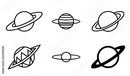 Minimalist Planet with Rings Outline Vector Icon Set