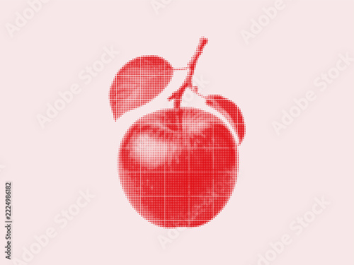 Red halftone apple illustration with leaf and stem on a pale pink background a fresh and vibrant fruit design