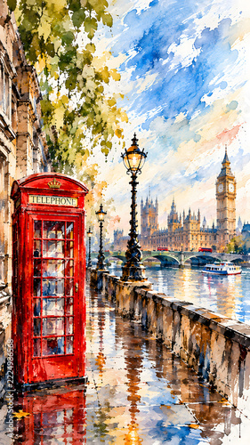 Iconic London Red Telephone Booth Watercolor Illustration, Classic British Telephone Box, London Phone Booth