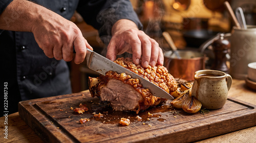 Chef slicing roasted pork knuckle in cozy kitchen with warm ambiance  