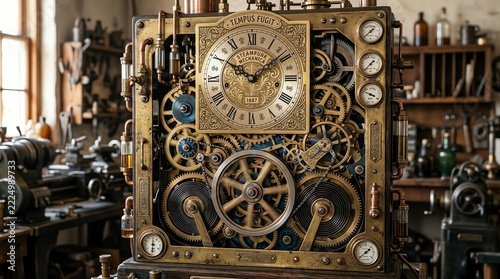 Intricate Steampunk Clockwork Mechanism with Gauges and Gears