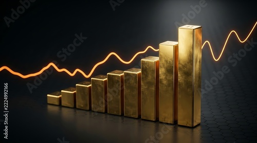 Golden financial bar chart with rising trend line, symbolizing economic growth and success