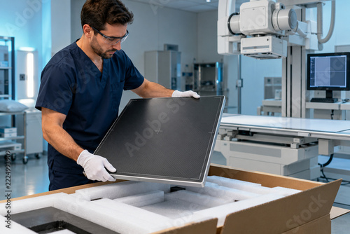 Biomedical engineers performing digital detector panel setup during installation or commissioning of an unbranded X-ray Machine system in a hospital. Created with Generative AI.