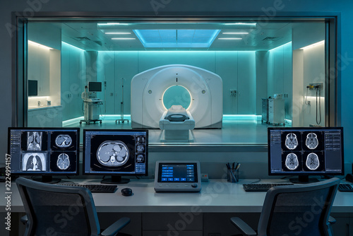 Unbranded CT Scanner equipment showing ct room shielded empty in a modern hospital radiology installation environment with no people. Medical technology image created with Generative AI.
