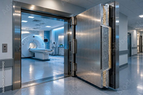 Unbranded PET Scanner equipment showing radiation vault door in a modern hospital radiology installation environment with no people. Medical technology image created with Generative AI.