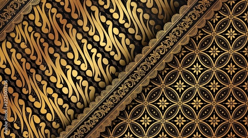 Background image featuring two batik patterns that combine black and gold colors