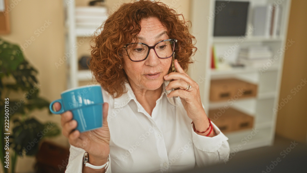 © Krakenimages.com - Woman holding smartphone to ear and blue mug in hand, wearing glasses and curly hair while sitting at desk with computer in a building; concentration routine. © Krakenimages.com - Woman holding smartphone to ear and blue mug in hand, wearing glasses and curly hair while sitting at desk with computer in a building; concentration routine.