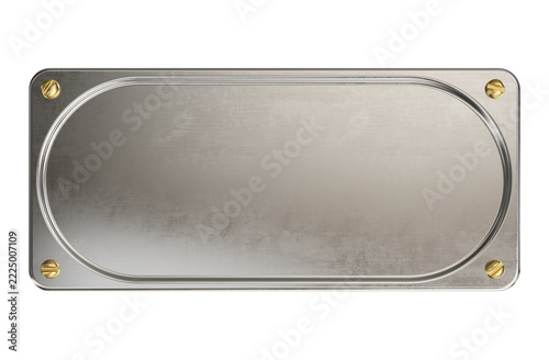 Empty metal signboard. Isolated on a transparent background. Blank steel plate with brass screws.