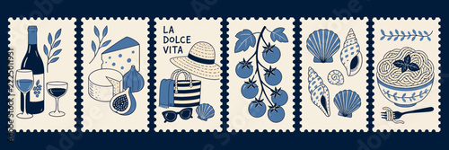 A delightful collection of vintage-style postage stamps celebrating Italian summer and culinary delights, featuring wine, cheese, fruits, and seaside motifs