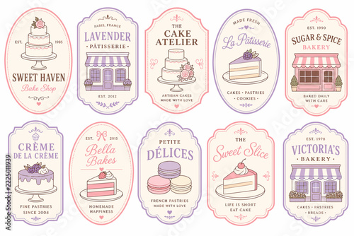 A delightful collection of charming bakery and patisserie shop badges, featuring sweet treats and artisanal baked goods