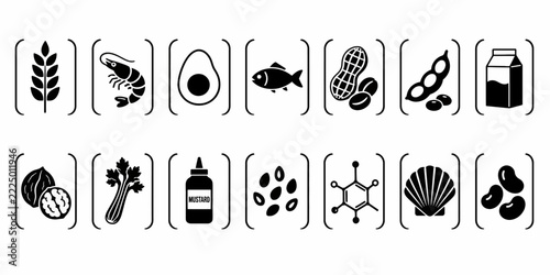 Allergen food icons, warning symbols for gluten, shellfish, eggs, fish, peanuts, soy, milk, and nuts