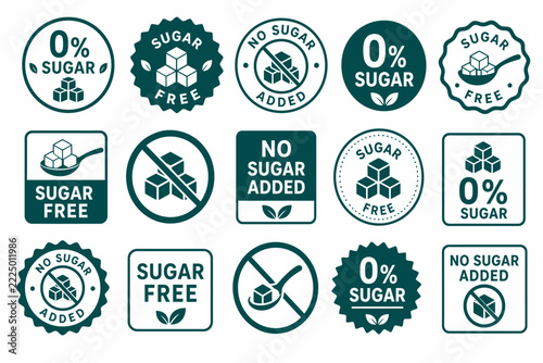 Sugar free and no sugar added labels and badges collection for healthy food and drinks