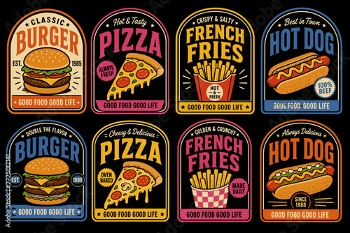 Fast food icons collection - Set of retro-style burger, pizza, hot dog, and french fries labels with vintage appeal