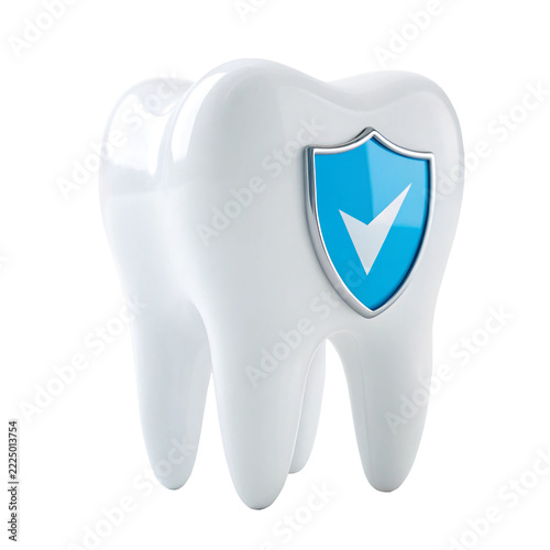 White healthy human tooth model with shiny blue protective shield icon.