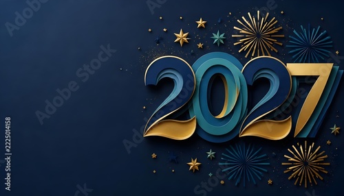 Layered paper cut numbers 2027 in blue, teal and gold with stars and fireworks, 3D papercraft Happy New Year banner with copy space
