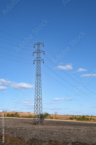 High-voltage power lines and metal pylons passing through the fields. Blue sky background.