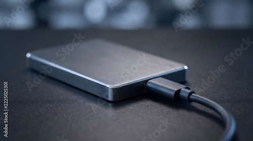 External hard drive connected with a cable on a dark surface