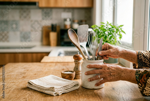 Elderly woman’s hands arranging wooden spoon, whisk and spatula in ceramic utensil crock