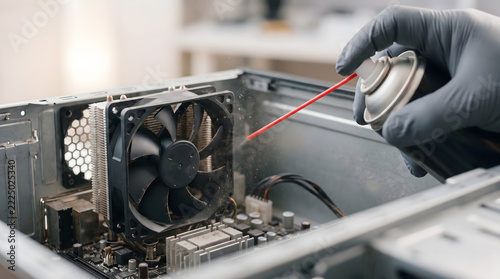 A technician wearing gloves cleans computer internal components with compressed air.