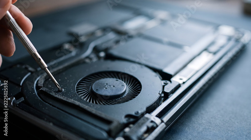 A technician carefully repairs and cleans the internal cooling fan of a disassembled laptop computer.