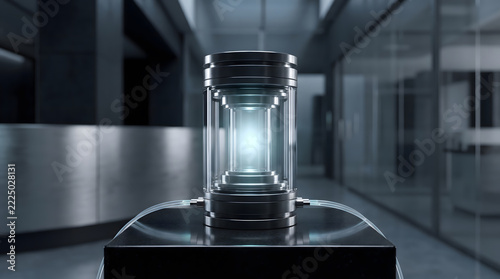 Futuristic energy device glowing on a pedestal inside a modern laboratory interior
