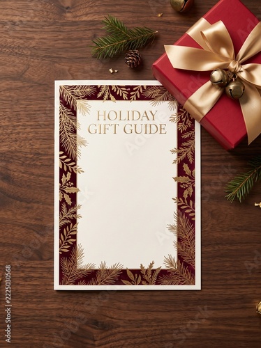 Holiday gift guide template mockup on rustic wooden background with a red present box and fir branches