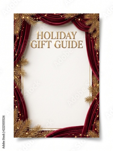 Luxury Christmas holiday gift guide mockup design template with red velvet curtains and golden fir branches