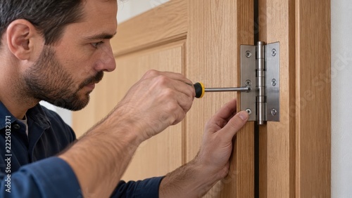 worker realigns a doorway hinge indoors