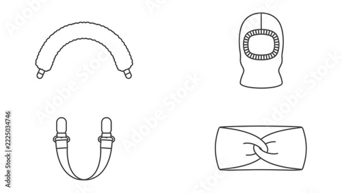 Headwear and Face Covering Line Art: A set of four line drawings illustrating different types of headwear and face coverings, including a balaclava and a headband.