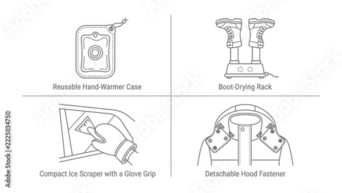 Winter Accessories: A set of illustrations showcasing essential winter accessories, including a reusable hand warmer case, a boot drying rack, a compact ice scraper with a glove grip.