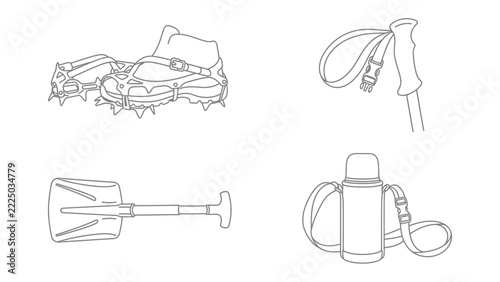 Mountaineering Gear Illustration: A clean line art illustration showcases essential mountaineering equipment including crampons, trekking poles, a collapsible shovel, and a water bottle carrier.