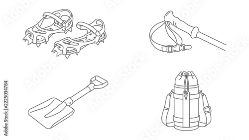 Mountaineering Gear Collection: A graphic illustration showcases essential equipment for mountain climbing, including crampons, a trekking pole, a shovel, and a backpack.