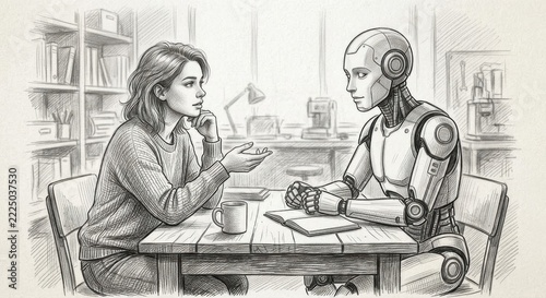 Pencil sketch of woman talking with robot at table, person using chatbot, AI conversation, human and machine
