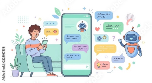 Flat woman in armchair with giant phone chat and robot, person using chatbot, virtual assistant and AI chat
