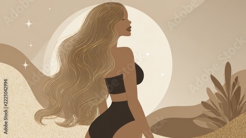 Beautiful Woman in Swimsuit with Flowing Hair: Serene Beach Illustration