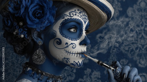 Elegant Sugar Skull Lady with Hat and Vape in Blue Tones, Day of the Dead