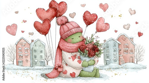 Valentine's Day Turtle: Love in a Snowy Village with Heart Balloons